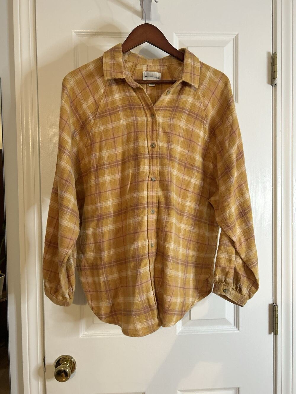 American Eagle Womens M Mustard Yellow Plaid 100% Cotton Flannel Shirt